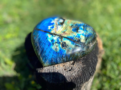 Vibrant Polished Labradorite Heart with Blues Green And Golds High Grade