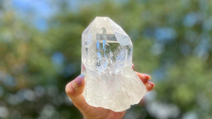 Lemurian Seed Natural Point Quartz Timekeeper with Bridge and Rainbows and Etching