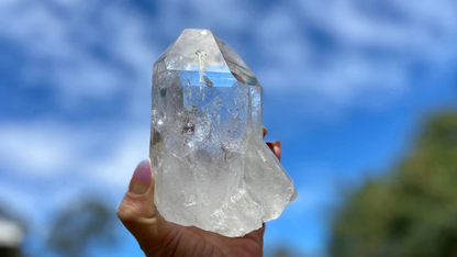 Lemurian Seed Natural Point Quartz Timekeeper with Bridge and Rainbows and Etching
