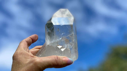 Lemurian Seed Natural Point Quartz Timekeeper with Bridge and Rainbows and Etching