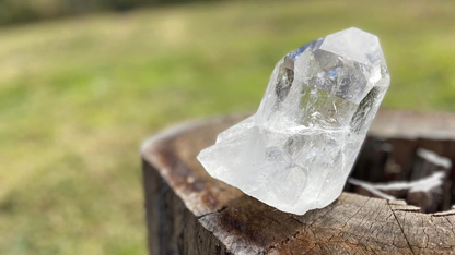 Lemurian Seed Natural Point Quartz Timekeeper with Bridge and Rainbows and Etching