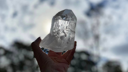 Lemurian Seed Natural Point Quartz Timekeeper with Bridge and Rainbows and Etching